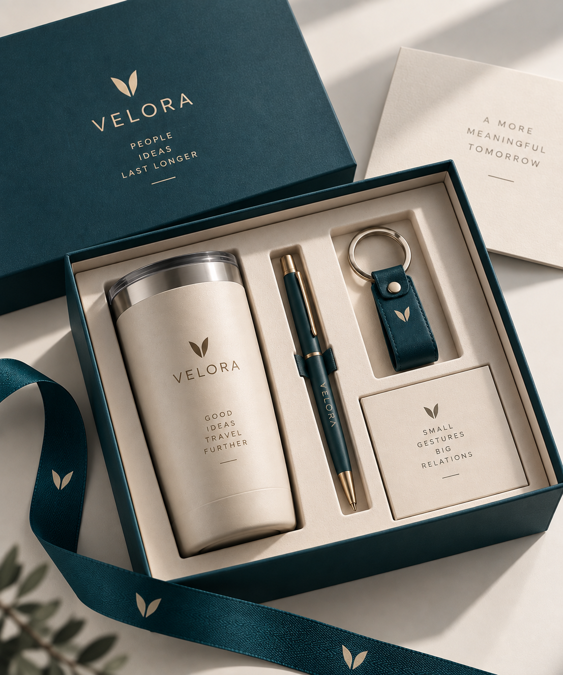 Gift box teal con tumbler, penna e portachiavi personalizzati Velora per un regalo aziendale