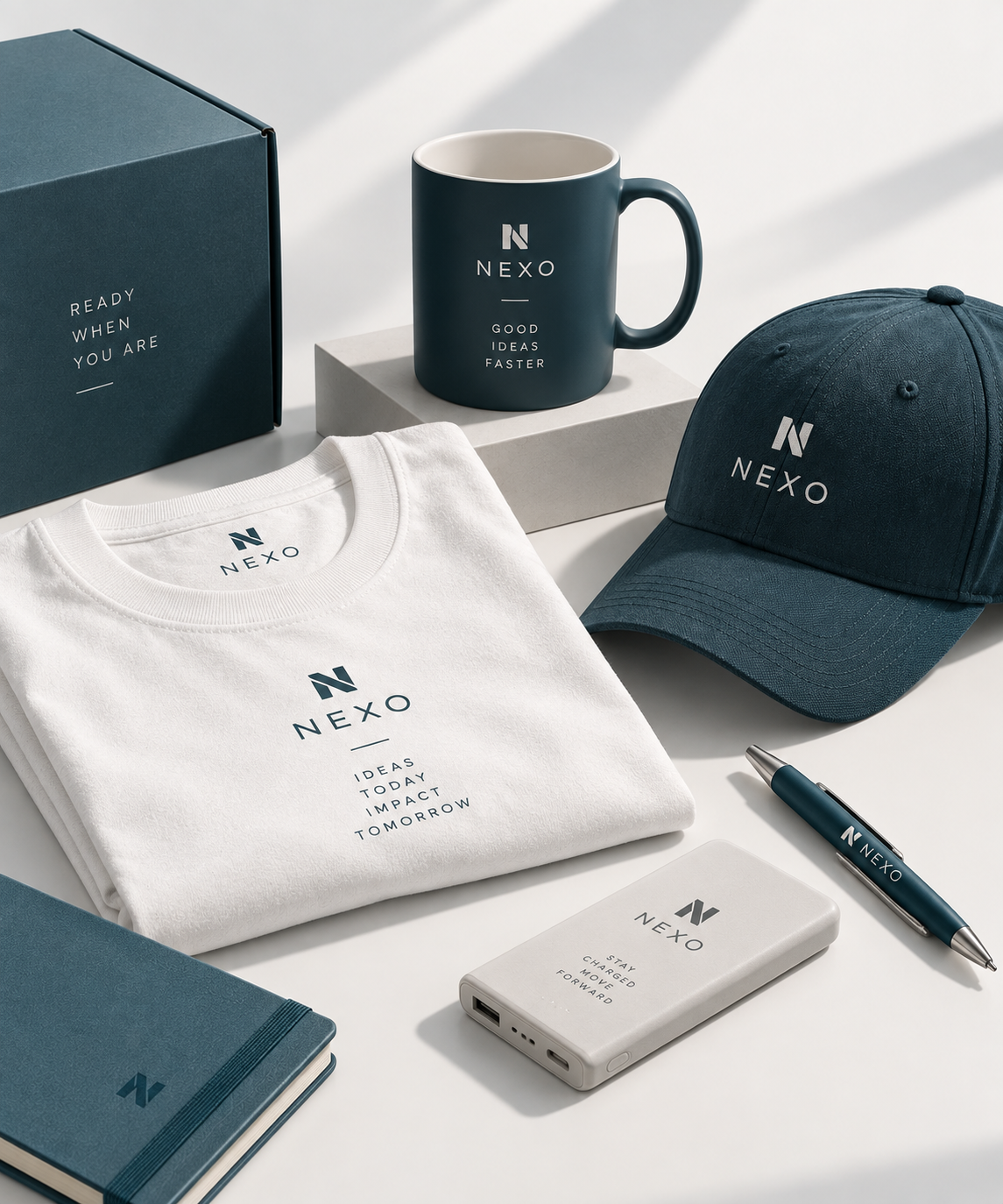 T-shirt, cappellino, tazza, power bank e penna con logo Nexo: gadget promozionali pronti da consegnare