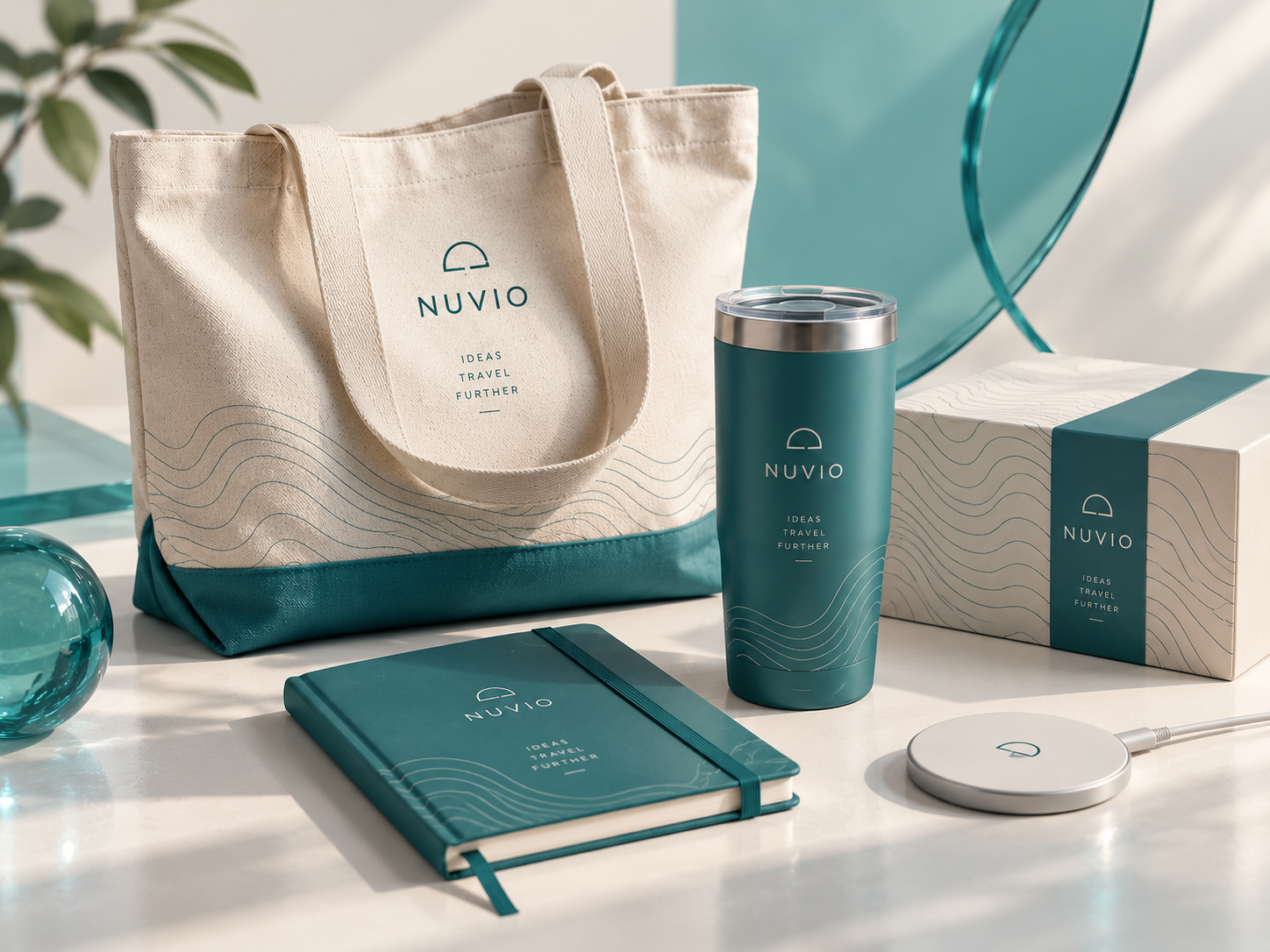 Composizione di gadget aziendali personalizzabili: shopper, tumbler, notebook, accessorio tech e gift box
