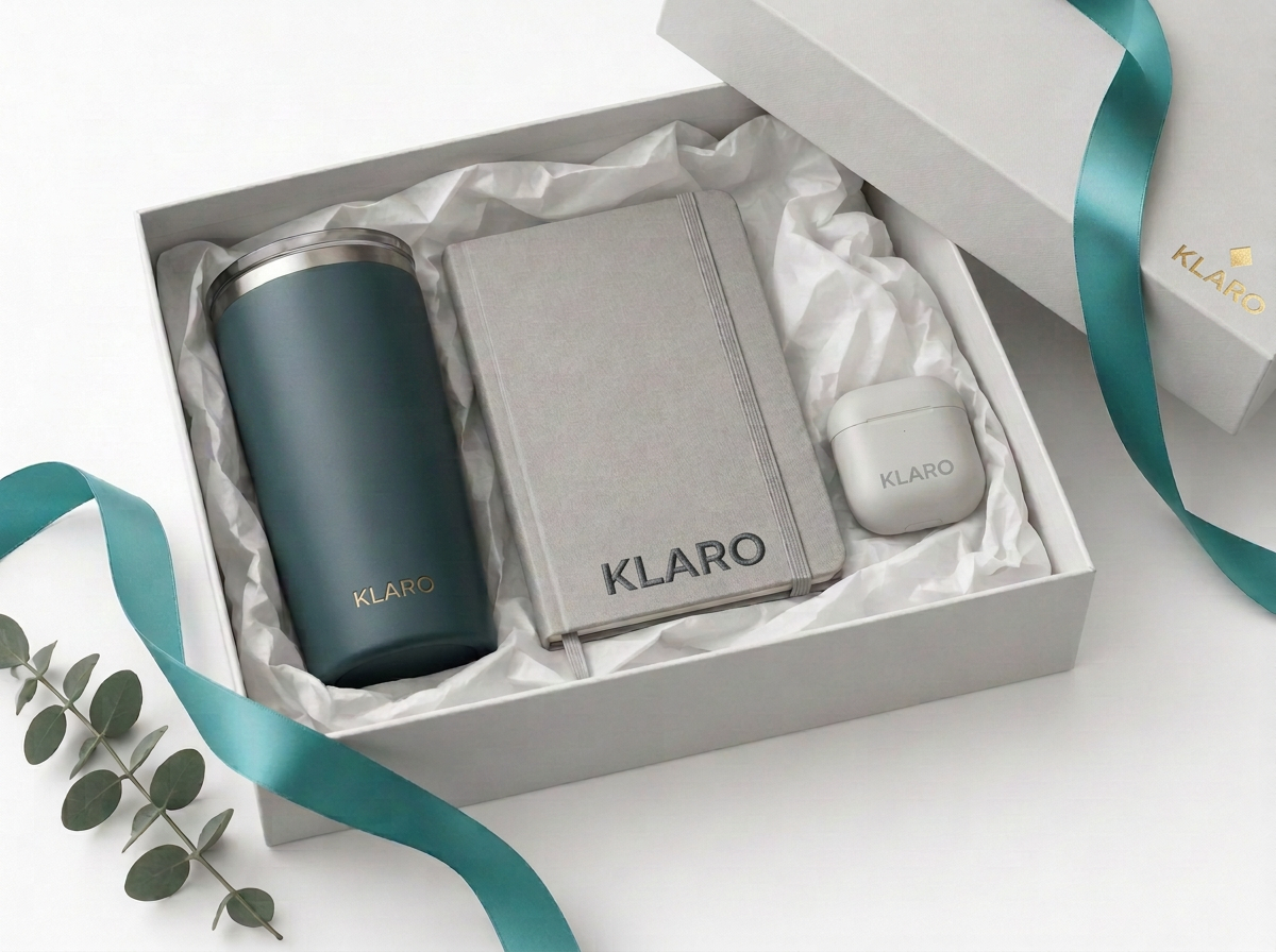 Gift box aziendale con tumbler, notebook e auricolari