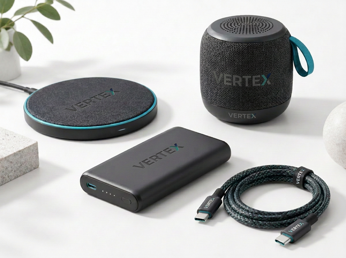 Accessori tech aziendali: caricatore wireless, power bank, speaker e cavo